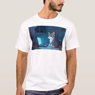 Camiseta Gato Pixel Solitario con Portátil – Pixel Retro Re