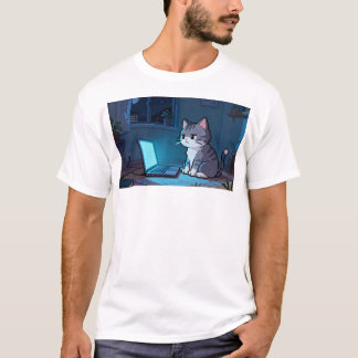 Camiseta Gato Pixel Solitario con Portátil – Pixel Retro Re