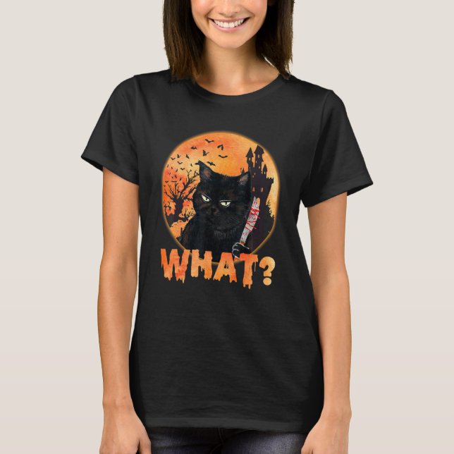 Camiseta Gato Qué Gato Negro Asesinado Con Halloween Knife (Anverso)