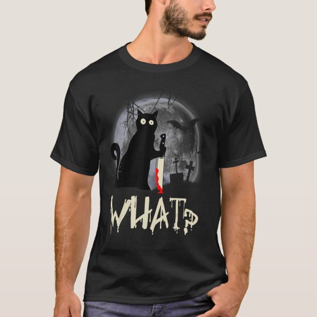 Camiseta Gato Qué Gato Negro Asesino Con Halloween Knife (Anverso)