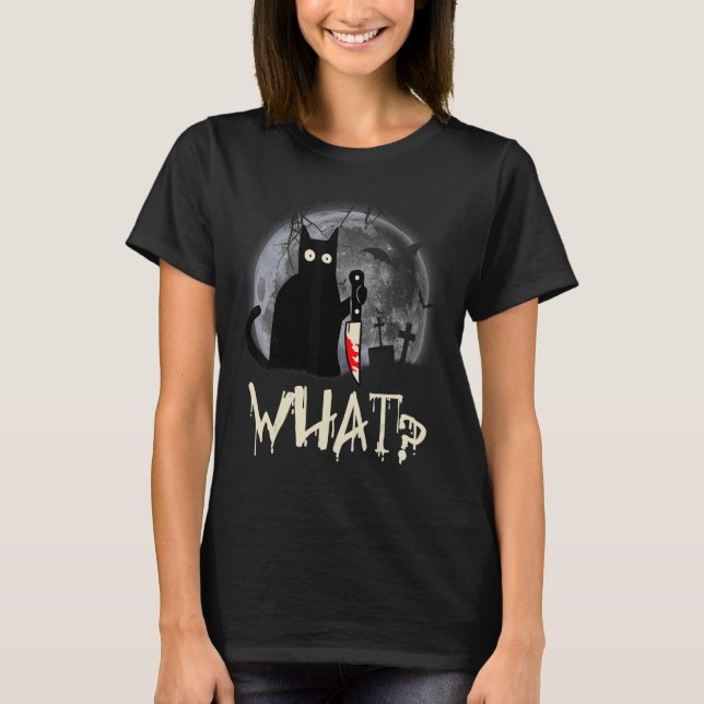 Camiseta Gato Qué Gato Negro Asesino Con Halloween Knife (Anverso)