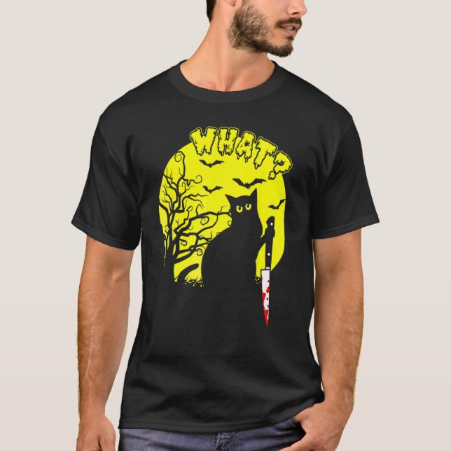 Camiseta Gato Qué Gato Negro Asesino Con Halloween Knife (Anverso)