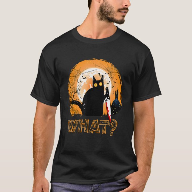 Camiseta Gato Qué Gato Negro Asesino Con Halloween Knife (Anverso)
