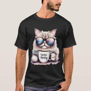 Camiseta gato que lleva gafas de sol y sostiene una taza de