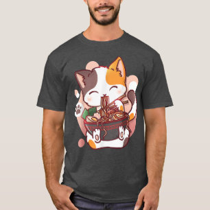 Camiseta Gato Ramen Bowl Anime Noodles japoneses Kawaii Nek