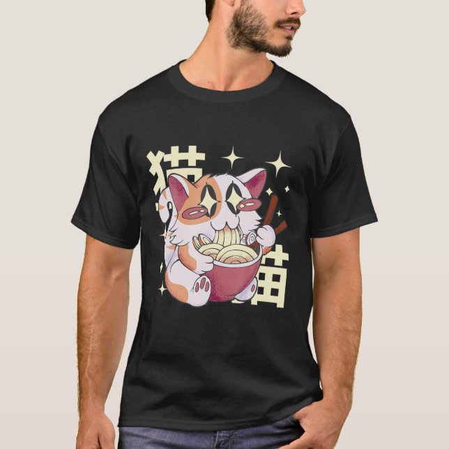 Camiseta Gato Ramen Bowl Anime Noodles japoneses Kawaii Nek (Anverso)