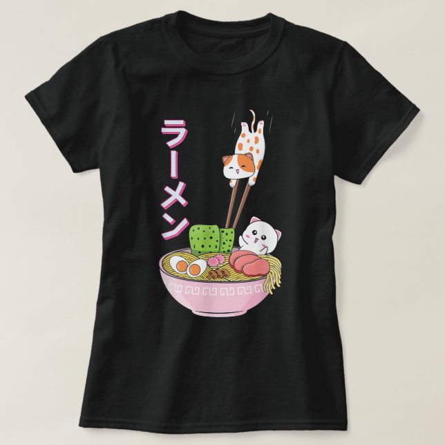 Camiseta Gato Ramen Chicas Camisas Mujeres Hombres Japonés  (Diseño del anverso)
