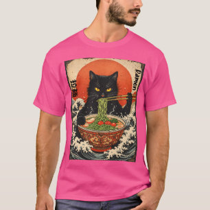 Camiseta Gato Ramen Samurái Arte de Ola Japonesa Diseño Fel