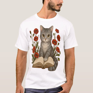 Camiseta Gato ratón � Lindo gato leyendo con amapolas para