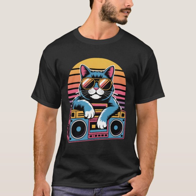 Camiseta Gato retro 80 con gafas de sol - Gatito sintetizad (Anverso)