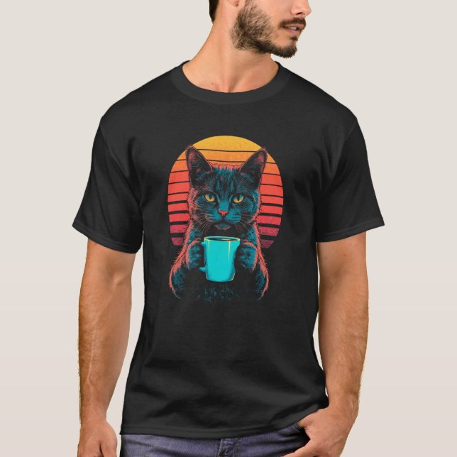 Camiseta Gato Retro Bebiendo Café Synthwave Vaporwave & Co (Anverso)