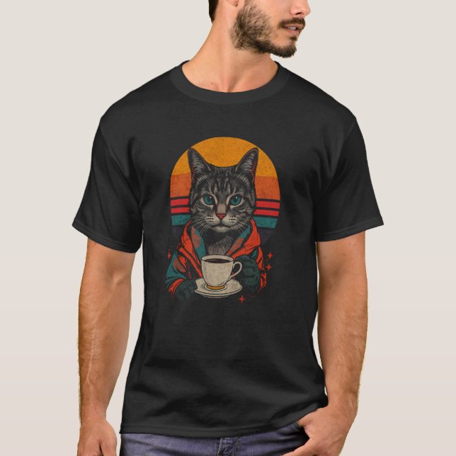 Camiseta Gato Retro Bebiendo Café Synthwave Vaporwave Coff (Anverso)