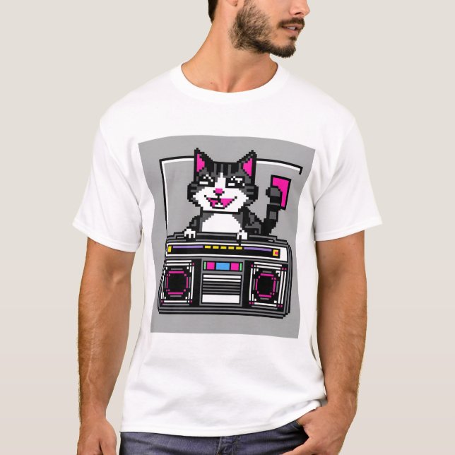 Camiseta Gato Retro Boombox - Vibes Pixel DJ (Anverso)