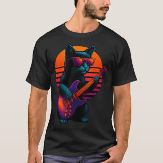 Camiseta Gato Retro Con Guitarra Eléctrica Tocando Rock