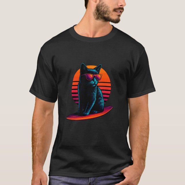 Camiseta Gato Retro Con Surfista De Olas Onduladas En Longb (Anverso)