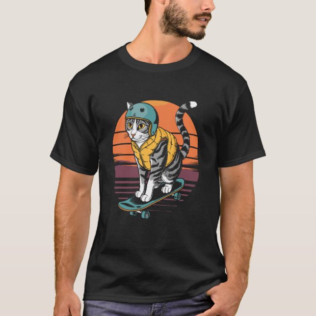 Camiseta Gato Retro En Monopatín (Anverso)