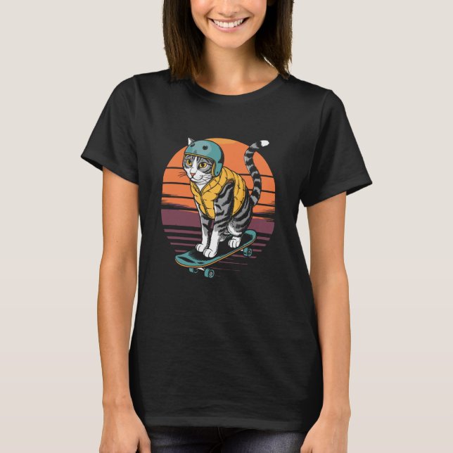 Camiseta Gato Retro En Monopatín (Anverso)