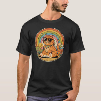 Camiseta Gato Retro Groovy Arcoíris Signo de Paz