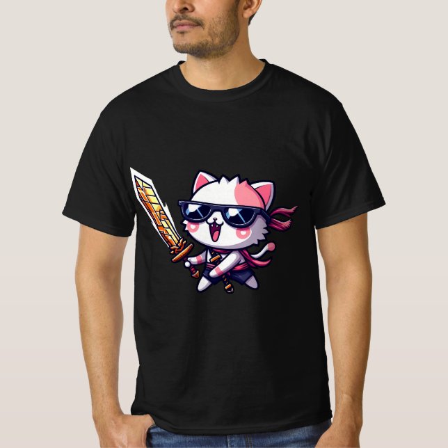 Camiseta Gato Rocker con gafas negras y espada en estilo (Anverso)