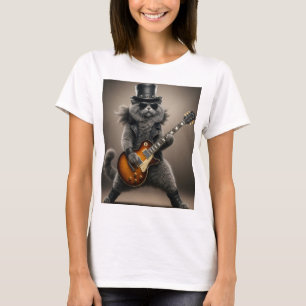 Camiseta Gato Rockstar Tocando Guitarra Eléctrica en Cuero
