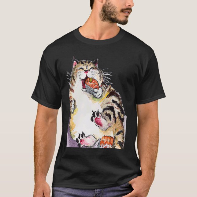Camiseta Gato Rollizo Comiendo Sushi (Anverso)
