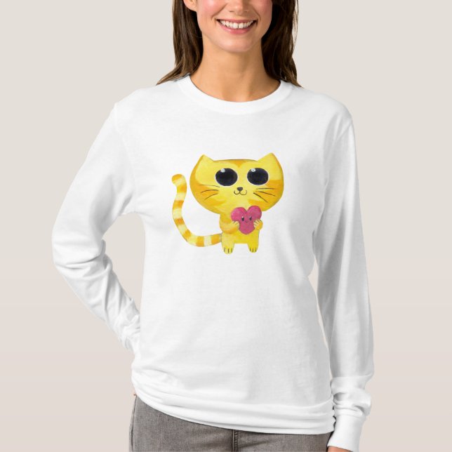 Camiseta Gato romántico lindo con el corazón sonriente (Anverso)