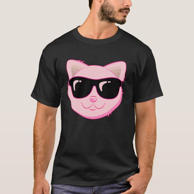 Camiseta Gato rosa con gafas de sol Día Nacional del Gato (Anverso)