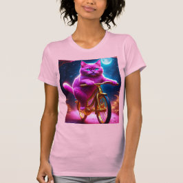 Camiseta Gato Rosado Montando En Bicicleta Dorada