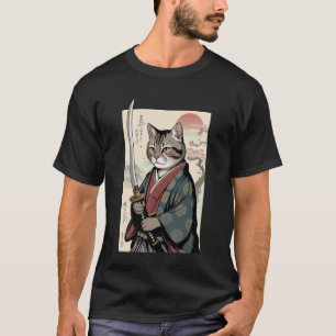 Camiseta Gato Samurái Arte Gráfico de Guerrero Ukiyo-e Vint