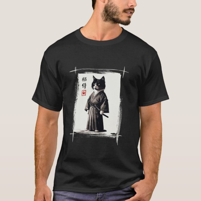 Camiseta Gato Samurai Arte japonés Sumi e Novedad Kawaii Di (Anverso)