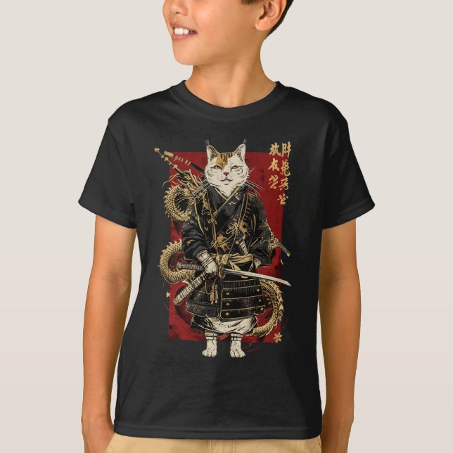 Camiseta Gato samurai con kanji japonés dragón (Anverso)