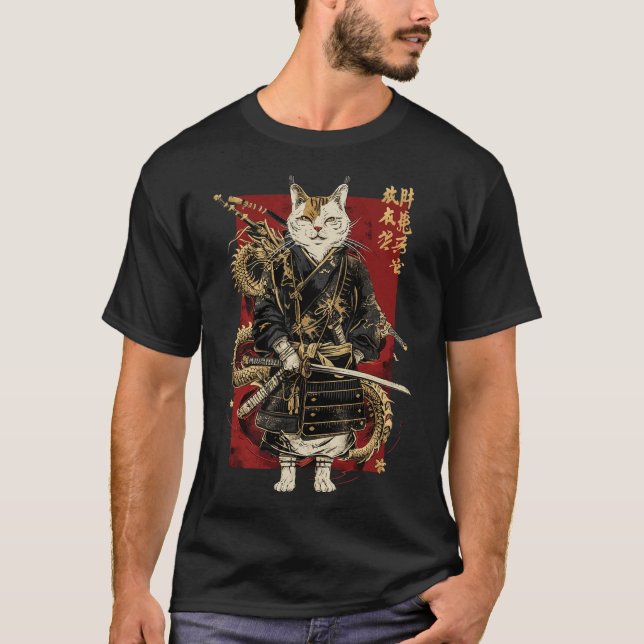 Camiseta Gato samurai con kanji japonés dragón (Anverso)