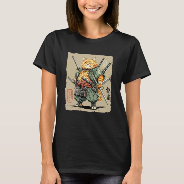 Camiseta Gato Samurái Duro Maestro de Espadas Múltiples Gue (Anverso)