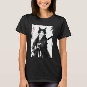 Camiseta Gato Samurái Esmoquin Pintura Japonesa a Tinta Esp