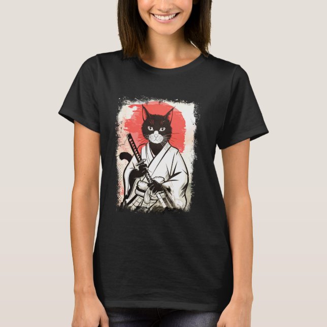 Camiseta Gato Samurái Estilo de Arte Japonés Ninja Samurái  (Anverso)