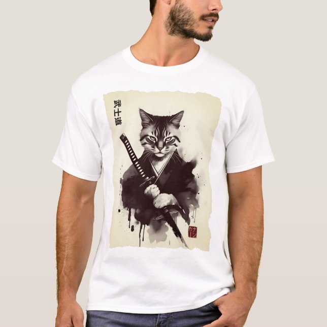 Camiseta Gato Samurái, Fiero Arte Japonés  (Anverso)