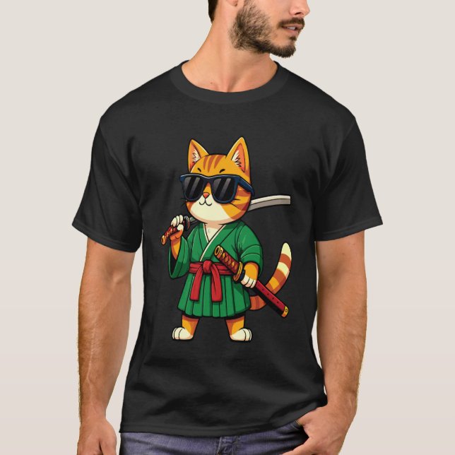 Camiseta Gato Samurái Genial con Gafas de Sol Negras (Anverso)
