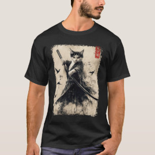 Camiseta Gato Samurai Gráfico Tee Guerrero Vintage Japonés