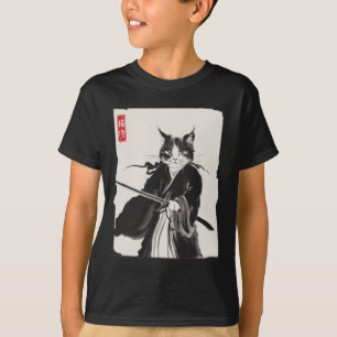 Camiseta Gato Samurai Guerrero Arte Ink Gracioso Estilo Jap