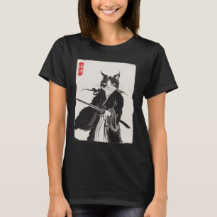 Camiseta Gato Samurai Guerrero Arte Ink Gracioso Estilo Jap