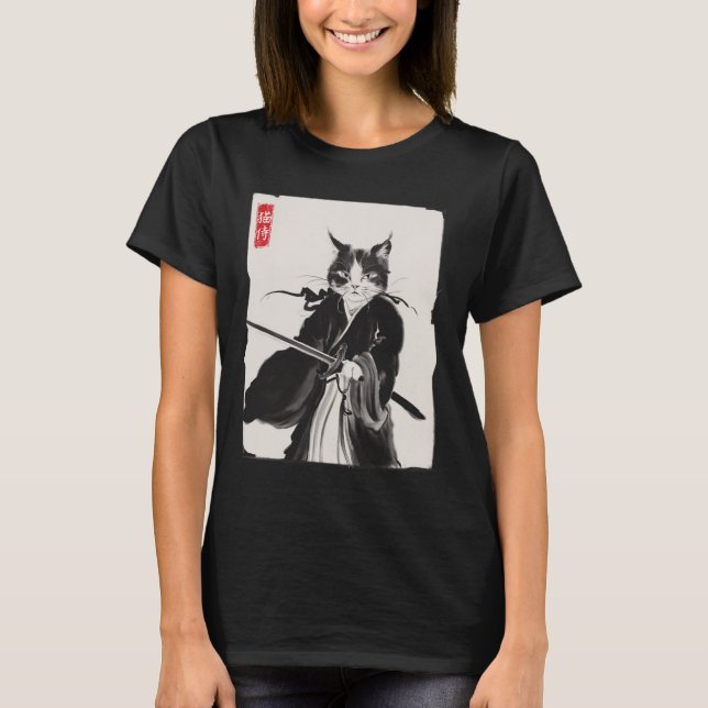 Camiseta Gato Samurai Guerrero Arte Ink Gracioso Estilo Jap (Anverso)