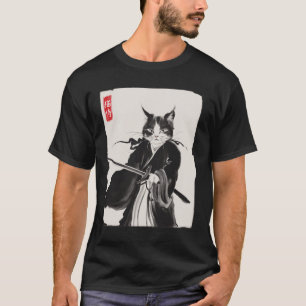 Camiseta Gato Samurai Guerrero Arte Ink Gracioso Estilo Jap