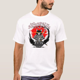 Camiseta Gato Samurái Guerrero Bajo el Árbol de Flor de Cer