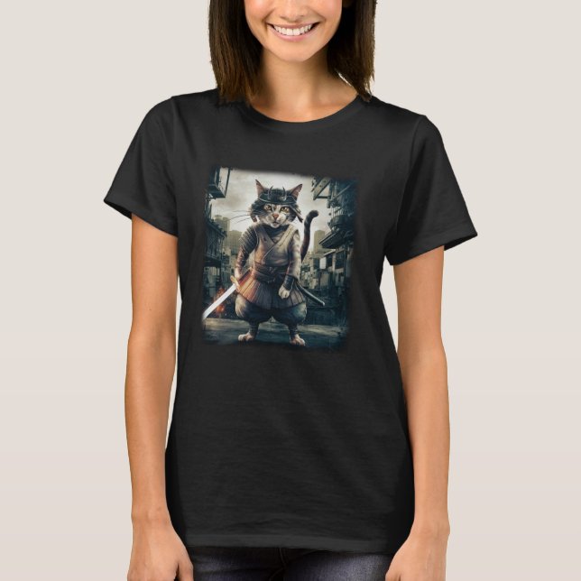 Camiseta Gato Samurái Guerrero Japonés Vintage (Anverso)