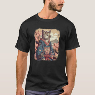 Camiseta gato samurái  guerrero ninja flores, luna, japonés