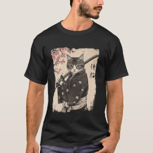 Camiseta Gato Samurái Guerrero Vintage Japonés Ukiyo-e Flor