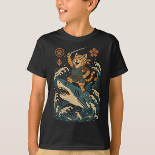 Camiseta Gato Samurái Inspirado en Ukiyo-e Surfando Olas Gr
