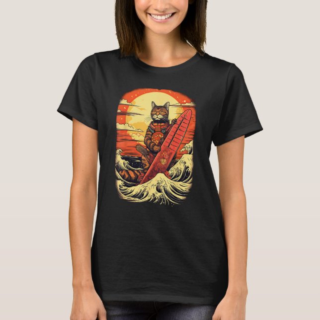 Camiseta Gato Samurai Japonés con Ilustra de Ola y Montaña (Anverso)
