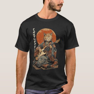 Camiseta Gato Samurái Japonés Con Ropa De Kimono Tocando El
