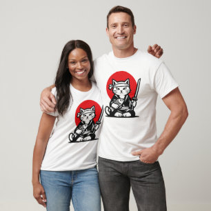 Camiseta Gato Samurái Japonés Espada Katana Sol Rojo